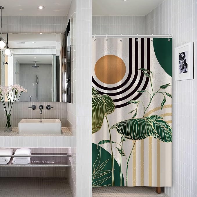 Boho Green Geometric Shower Curtain Bohemian Abstract Mid Century Tropical Bathroom Curtain Minimalist Modern Palm Leaf Shower Curtain Sets for Bathroom Extra Long 36x72 in with 6 Hooks