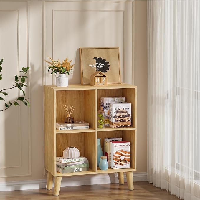 4 Cube Storage Organizer with Legs, 2 Tier Cube Low Bookcase Freestanding Storage Display Organizer for Home Office, Four-Cubes Open Shelf Short Bookshelf (Natural Oak, 4 Cube)