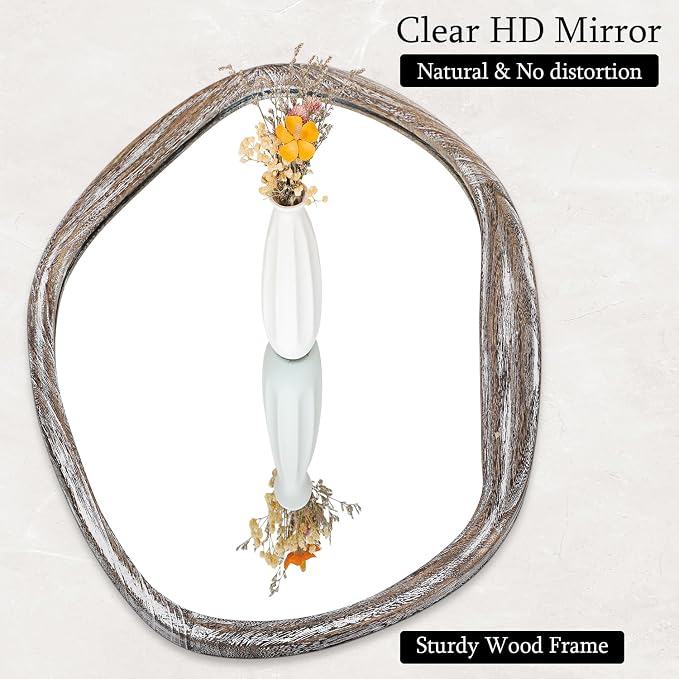 JJUUYOU Asymmetrical Mirrors Large Irregular Bathroom Wall Mirror 28"x20" Large Wooden Frame Modern Mirror Wall Mirror for Makeup Bathroom Living Room,Brown