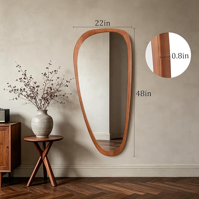 HOMECOOKIN 48" H x 22" W Asymmetrical Mirror, Irregular Wooden Wall Mirror for Bedroom, Living Room,Entryway– Boho Mid-Century Modern Decorative Mirror, Solid Wood Frame, Pebble Shaped Design (Walnut)