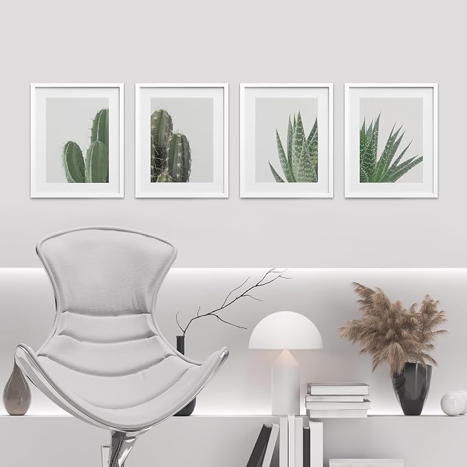 SIGNWIN Framed Green Cactus Snake Plant Wall Art, Set of 4 Collage Desert Landscape Wall Decor Prints, Nature Wilderness Wall Décor for Living Room, Bedroom - 8"x10" White