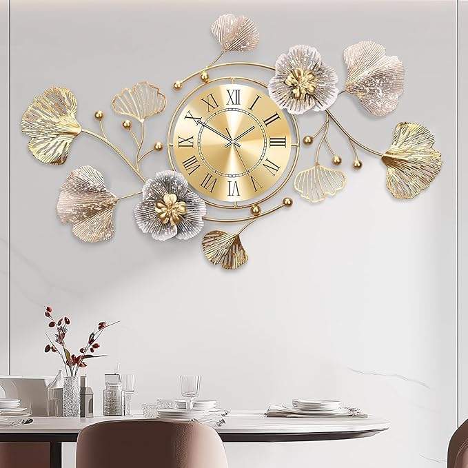 Clocks for Living Room, Large Wall Clock, 3D Silent Wall Clock, Retro Metal Ginkgo Leaf Design, for Bedroom Kitchen Decorative Wall Clocks（47''x23'' ）