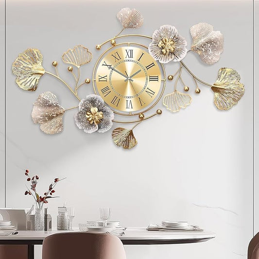 Clocks for Living Room, Large Wall Clock, 3D Silent Wall Clock, Retro Metal Ginkgo Leaf Design, for Bedroom Kitchen Decorative Wall Clocks（47''x23'' ）