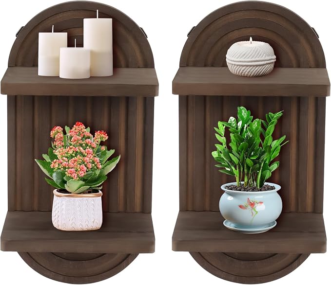 Qivine Boho Wall Shelf 2 Pcs 2 Tier Shelves for Room Wall Wood Floating Shelf with Arched Wood Design Wall Mounted for Living Room, Bedroom, Bathroom Decor (Brown, 2-Tier)