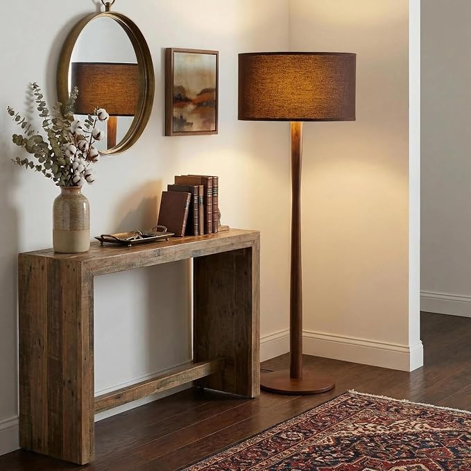 62" Tall Rustic Wood Floor Lamp for Living Room, Farmhouse Walnut Wood Floor Lamps with Linen Shade, UL Listed Standing Lamps with Wooden Base for Bedroom, Dining Room, House, Black Shade
