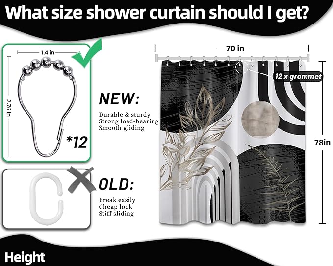 Mid Century Modern Black and White Shower Curtain Cool Charcoal Grey Silver Shower Curtains for Mens Bathroom Decor Sets, Abstract Boho Pattern, Waterproof Cloth Fabric with Hooks 70x78 in
