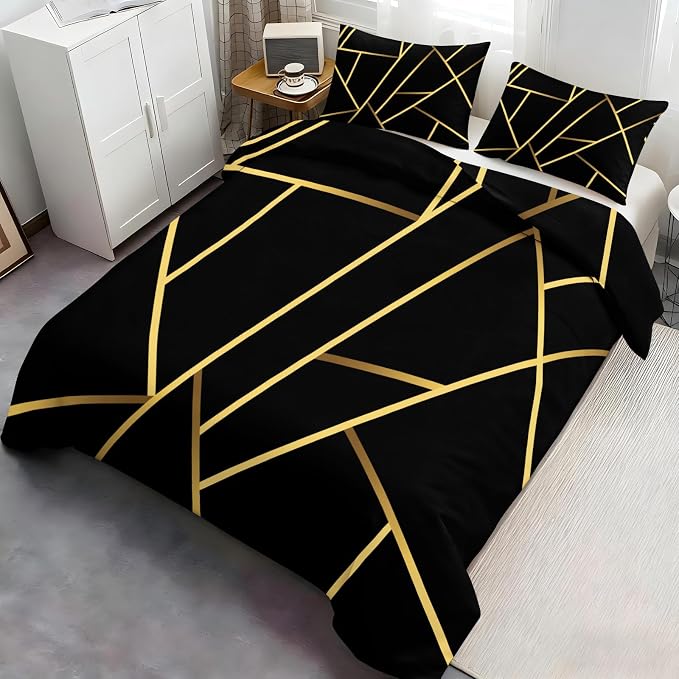 Geometric Duvet Cover Queen Size, Abstract Modern Geometric Stripes Bedding Set 3 Piece, Black Gold Geometry Lines Patterned Comforter Cover with Zipper Soft Microfiber, 2 Pillowcases