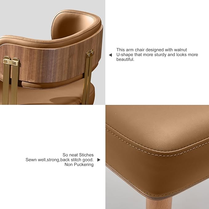Modern Upholstered Leather Dining Chairs Set of 2 with High-Resilience Foam Cushion, Walnut Wood Veneer&Gold Metal Legs, 22Lx20.5Wx28.3Hin, Anti-Slip Kitchen Chairs for Dining Room,Light Brown