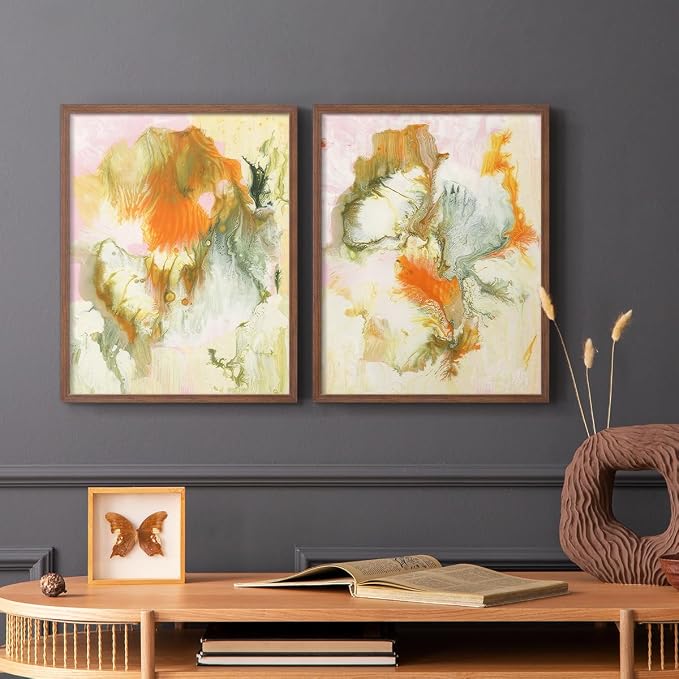 Renditions Gallery Set of 2 Peel & Stick Framed Prints, Modern Abstract Wall Art, Mix Color Oil Paint Design Wall Decor, Re-Stickable - Ready to Hang - 16"x20" - Walnut Frame LT588