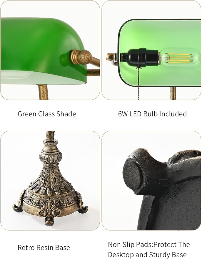 Vintage Green Glass Bankers Desk Lamp for Home Office,Library with Pull Chain Switch Plug in Fixture, LED Bulb Included