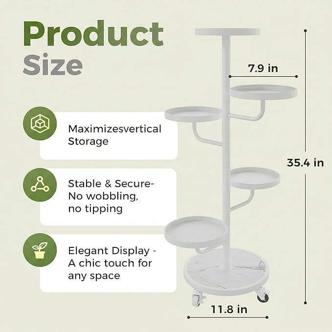 Bamworld Tall Plant Stand Indoor Outdoor Metal Plant Stands with Wheels 5 Tiered Corner Plant Holder Heavy Duty Flower Stand for Multiple Pots Planter Stand for Patio Balcony Living Room (White)