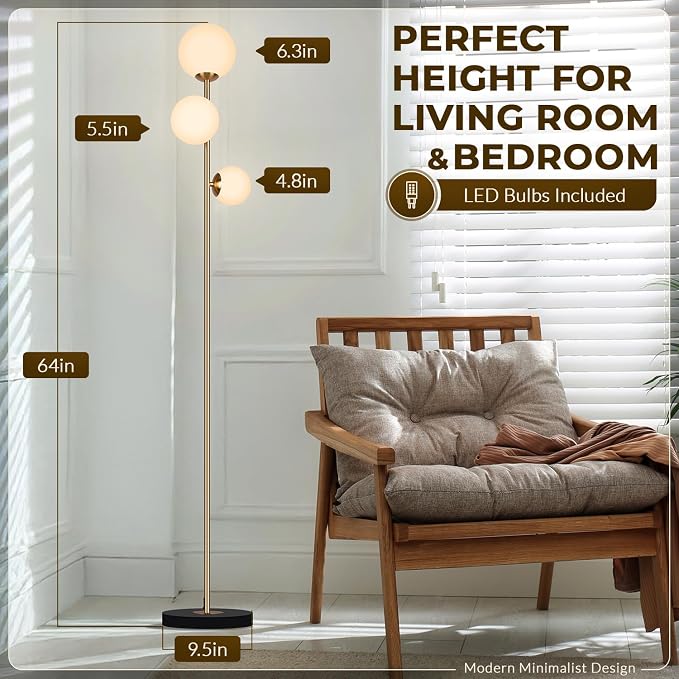 3 Globe Floor Lamp - Mid Century Modern Standing Light with 3 Color Temperatures, LED Bulbs, Frosted Glass Shades for Living Room (Gold)