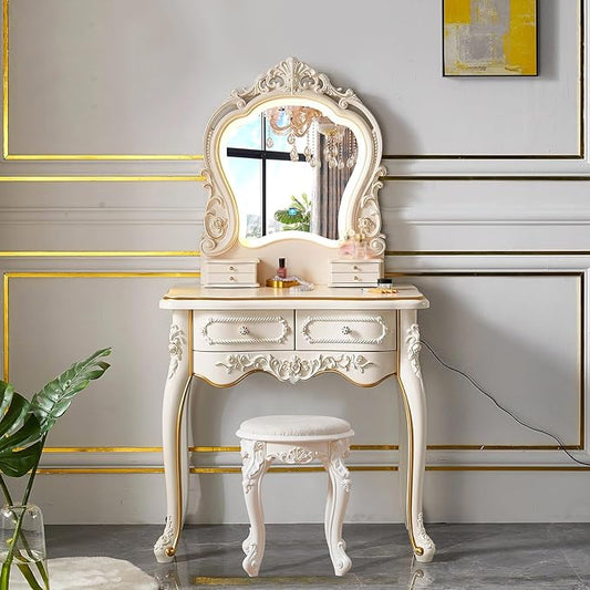 Dressing Table,Vanity Desk with Drawers and Cushioned Stool,Makeup Vanity Table Set with Mirror and Light,European Retro(A)