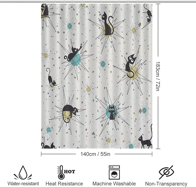 Vintage Mid Century Cats Shower Curtain Black Cat Retro Diamond Atomic 1950s 1960s Abstract Geometric Simple Waterproof Shower Curtains for Bathroom Decor 12 Pack Hooks 55x72in（140x183cm