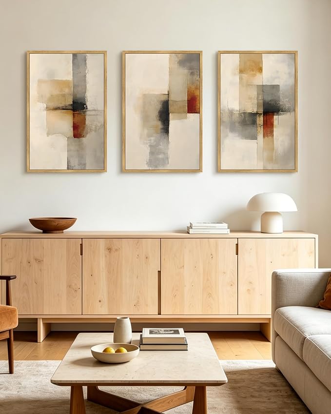 KUVIOKE Framed Abstract Wall Art Minimalist Beige Gray Red Pastel Watercolor Wall Decor Modern Neutral Art Print Home Decor 24x36in (Natural Framed)