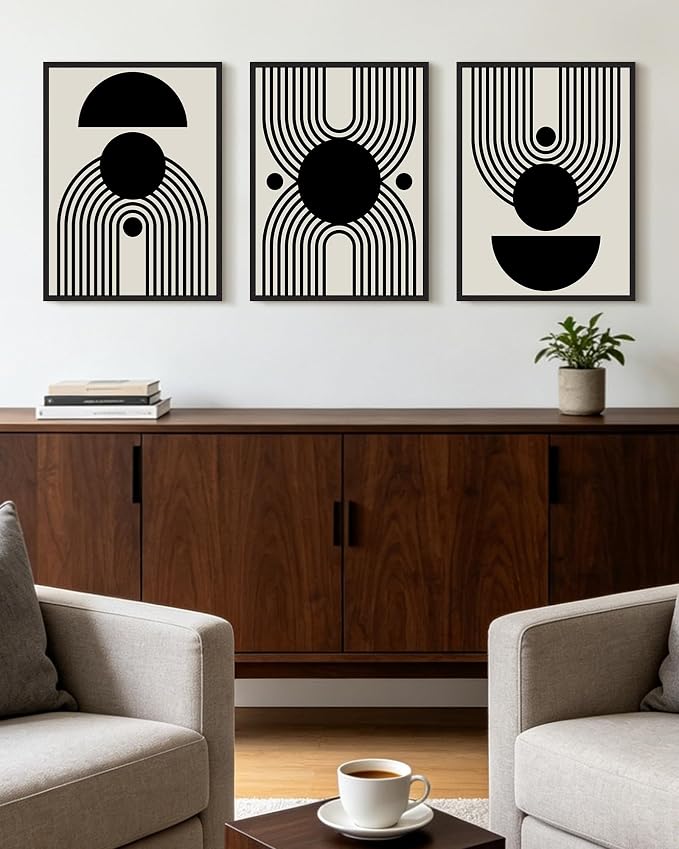 KUVIOKE Black Abstract Framed Wall Art Minimalist Geometry Lines Painting Artwork for Living Room Bedroom 12x16in (Black Framed)