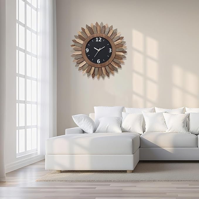 Honiway 16 Inch Wall Clocks, Rustic Wood Boho Sunburst Decorative Wall Clock Battery Operated Silent Non Ticking Farmhouse Large Wall Clocks for Living Room Kitchen Bedroom Home Decor (Tricolor)