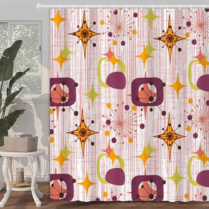 Mid Century Shower Curtain, 60x72inch, Modern Abstract Retro Red Striped Geometric Shower Curtain Sets 1950s Boho Bathroom Shower Curtain with 10 Hooks