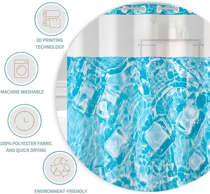 Blue Shower Curtain with Snap in Liner Water Pattern with Ice Cubes Summer Cool No Hook Shower Curtains with Mesh Polyester Fabric Waterproof Bathroom Curtain Set 71x74 Inch
