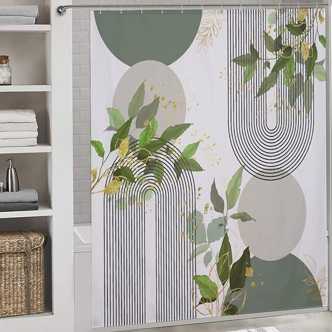Boho Green Shower Curtain, Mid Century Modern Abstract Gold Leaves Plant Minimalist Bathroom Curtain Polyester Waterproof Fabric Decor 72x72in（183x183cm）