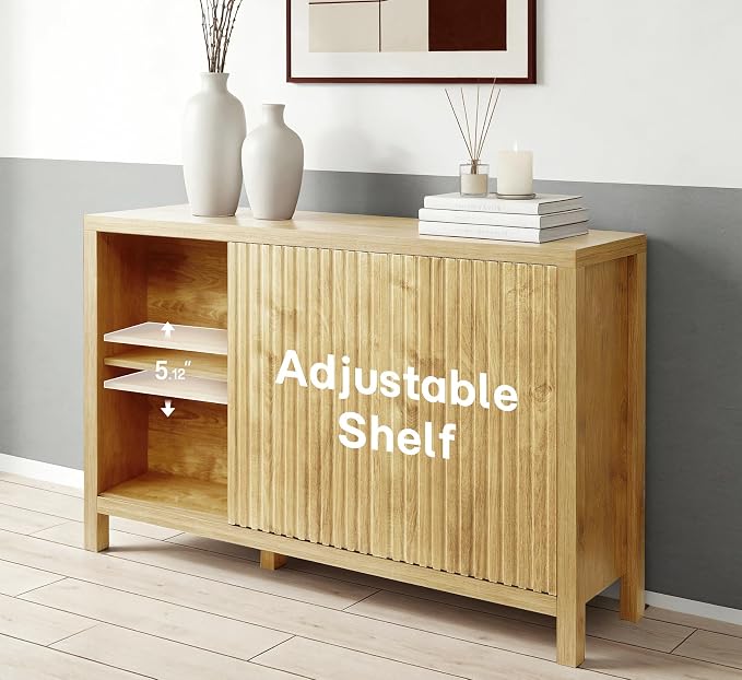 ZYBT Fluted Sideboard Buffet Cabinet with Storage, Modern Credenza Buffet Sideboards Bar Cabinet Console Table with Adjustable Shelves Slide Door for Living Room Hallway Kitchen Entryway (Oak)