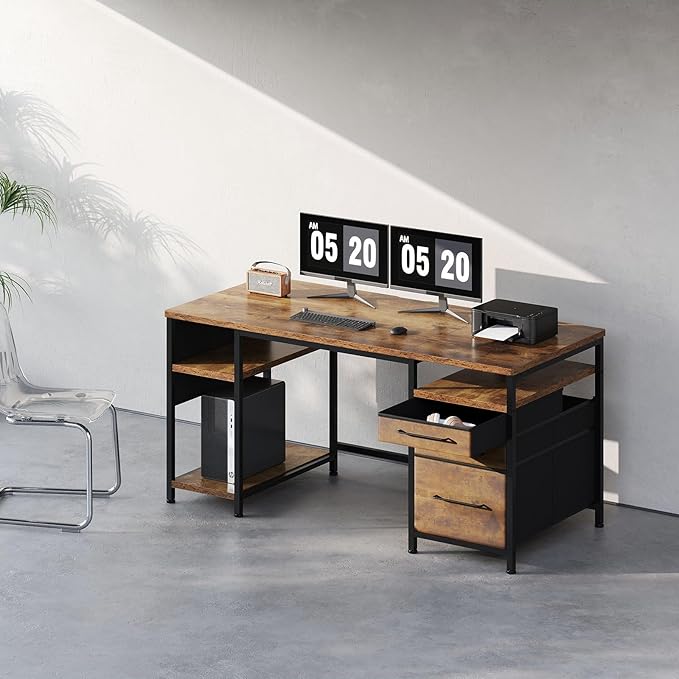 Ｍａｉｈａｉｌ Maihail Home Office Desk with Drawers Adjustable Shelves, 59 inch Writing Desk with File Cabinet, Large Computer Desk with Storage, Vintage, Brown2