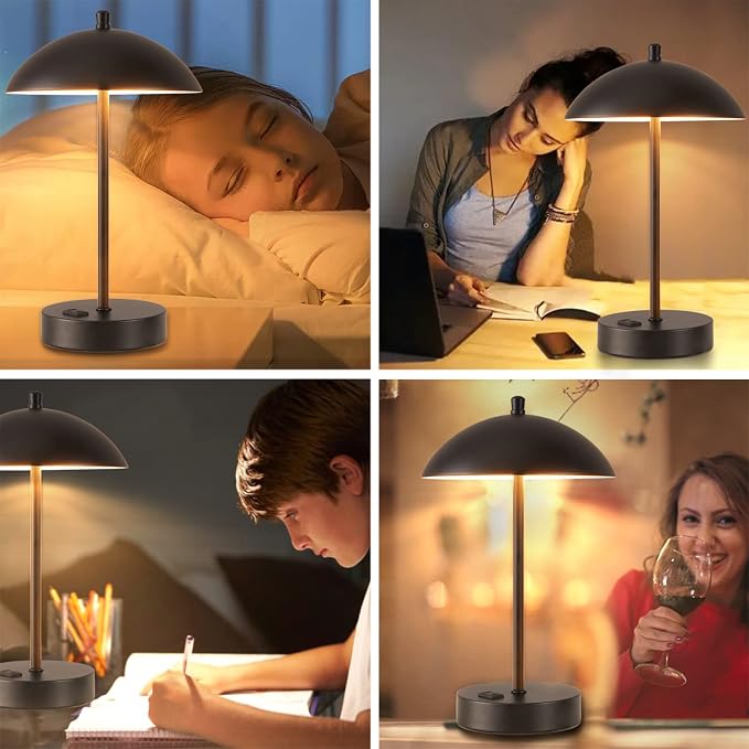 Modern LED Desk Lamp with AC Adapter, 12" 3-Way Dimmable Touch Bedside Reading Lamp, Minimalist Black Small Nightstand Table Lamp with Mushroom Dome Shade for Bedroom Living Room Office, Bulb Included