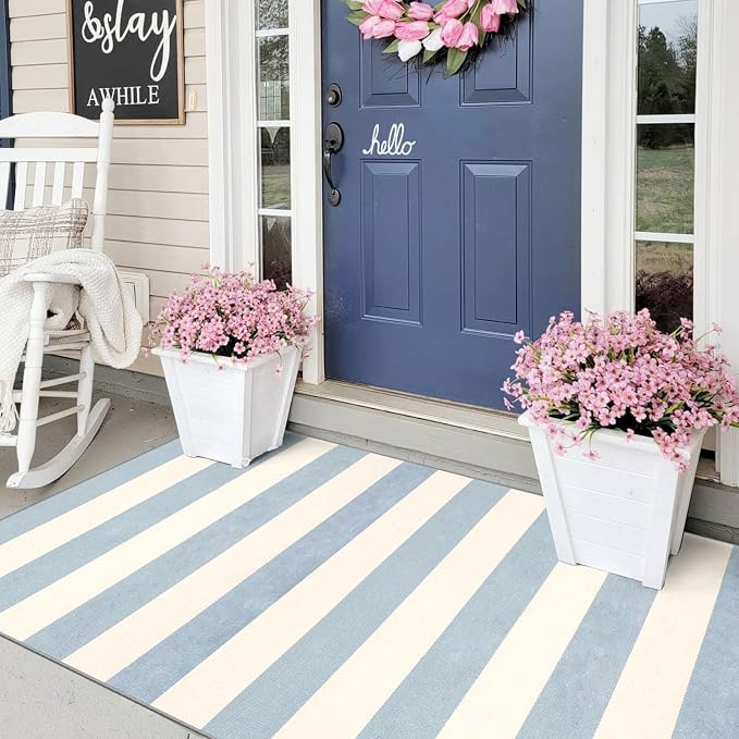 3x5 Entry Rug - Small Washable Indoor Outdoor Mats for Front Door Non-Slip Porch Rug Summer Blue White Coastal Striped Throw Rugs for Bedroom Entryway Kitchen Office Mudroom Front Porch Decor