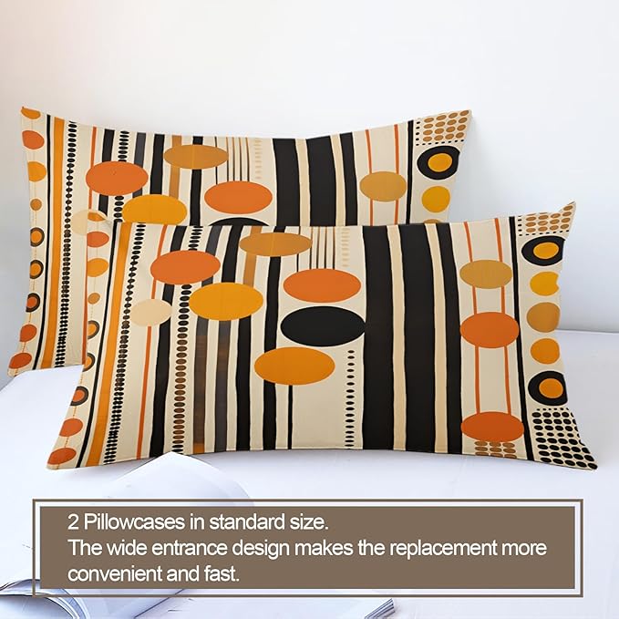 Retro Middle Ages Duvet Cover Queen Size, Orange Geometric Art Bedding Set 3 Piece Bedroom Decor Modern Stripes Patterned Comforter Cover with Zipper Ties & 2 Pillowcases