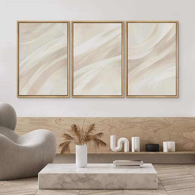 SIGNWIN Framed Canvas Print Wall Art Set Abstract Beige Flow Neutral Brushstroke Illustrations Modern Art Decorative Boho Relax/Zen Nordic for Living Room, Bedroom, Office - 24"x36"x3 Natural