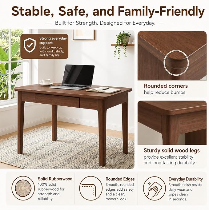 Mid Century Modern Desk with Drawers,31.5 inch Solid Wood Writing Desk for Home Office Bedroom,Small Computer Desk for Spaces Easy Assembly Walnut