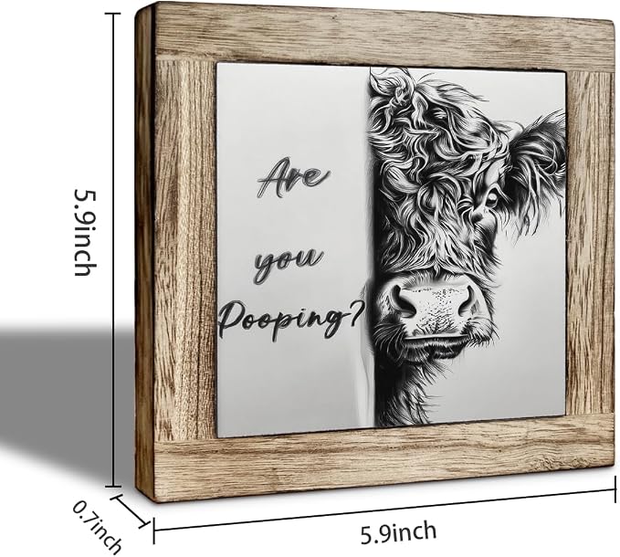 Funny Highland Cow Wooden Desktop Sign, “Are You Pooping?” Cow Wood Plaque, Rustic Farmhouse Humor Bathroom Tabletop Decor for Bathroom Toilet Shelf