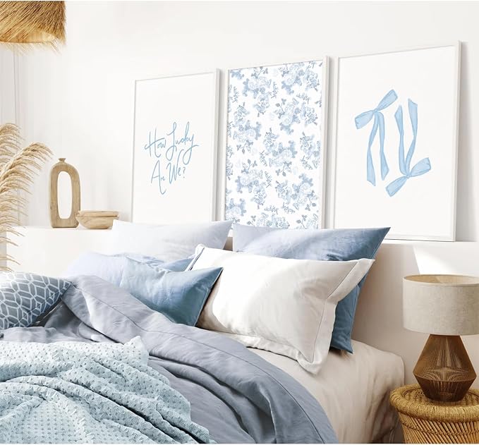 Baccone Blue Bow Wall Art Floral Canvas Wall Decor Coquette Flower Wall Art Trendy Aesthetic Poster Girly Preppy Pictures Blue Floral Prints for Living Room Bathroom 16x24 Inch Unframed Set of 3