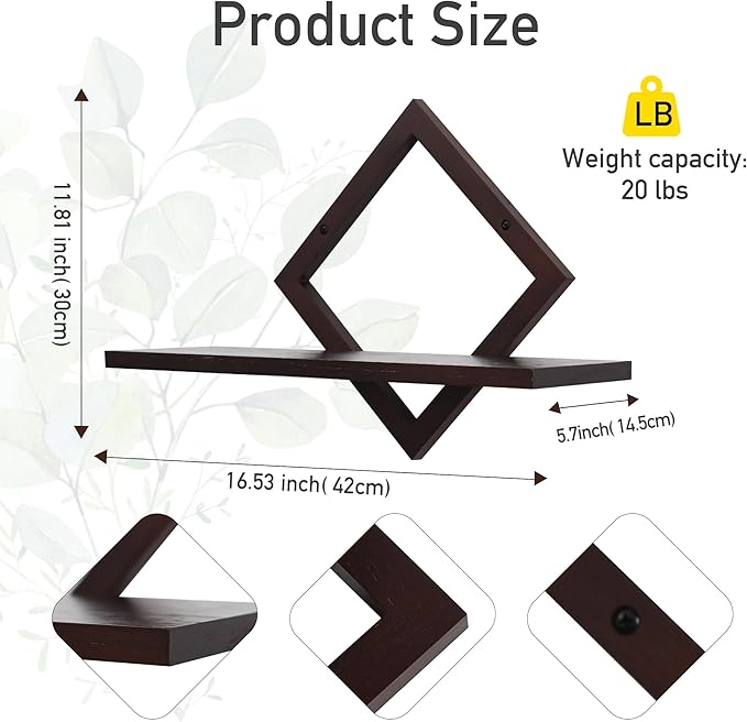 Floating Shelves for Wall,Decorative Wall Shelf,Hanging Shelf for Plants Storage Display Holder,Indoor Decor for Living Room Home Office Bathroom Bedroom,Solid Wood,Diamond Shaped,2 Pack(Walnut)