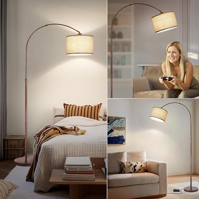 Dimmable Arc Floor Lamps for Living Room, Mid Century Floor Lamp, Antique Bronze Standing Lamp with Adjustable Hanging Shade, Tall Pole Lamp Reading Light for Bedroom, Over Couch, 9W LED Bulb Included
