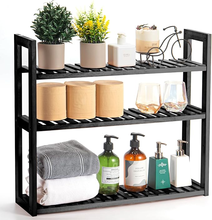 Wood Bathroom Shelf, 3-Tier Adjustable Shoes Rack&Plants Rack, Wall-Mounted or Stand for Living Room (Black)