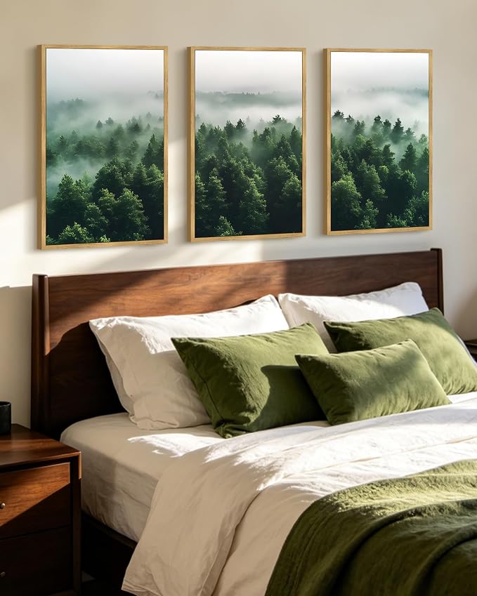 KUVIOKE Green Fog Pine Tree Framed Wall Art Nature Nordic Misty Forests Artwork Morden Painting Bedroom Decor 16x24in (Natural Framed)