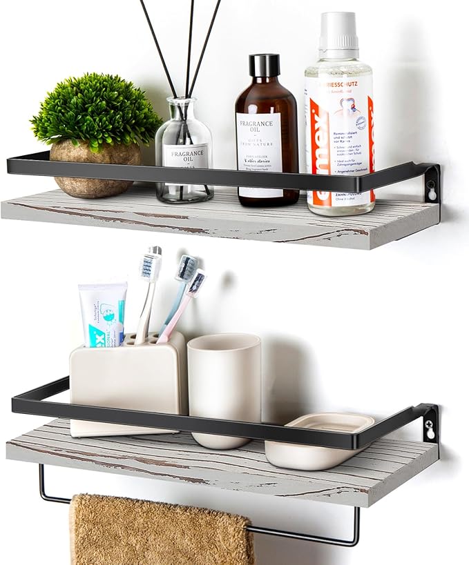 Floating Shelves for Wall, Bathroom Shelves with Towel Bar, Wall Mounted Storage Shelves for Kitchen, Bathroom, Set of 2 Grey