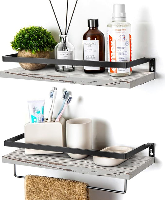 Floating Shelves for Wall, Bathroom Shelves with Towel Bar, Wall Mounted Storage Shelves for Kitchen, Bathroom, Set of 2 Grey