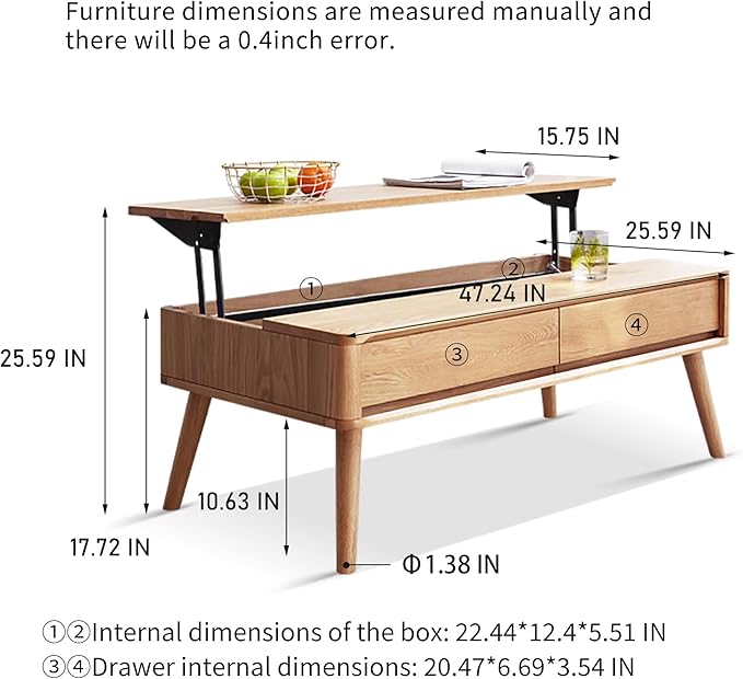 Lift-Top Coffee Table with Storage, Solid Oak Wood Mid-Century Modern Lift Coffee Table, 47 Inch Rectangular Coffee Table for Living Room, Dining, Work, and Games