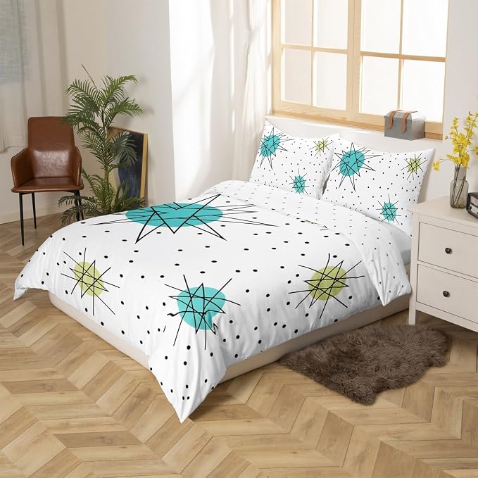 Erosebridal Geometric Polka Dots Bed Set Modern Mid Century Duvet Cover, Boho Minimalism Bedding Set King Hippie Atomic Comforter Cover, 1950s Old Fashion Bed Cover Super Cozy 3pcs (Zipper Closure)