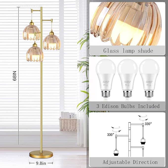 QIYIZM Gold Floor Lamp for Living Room,Bedroom,Tree 3 Light Standing Lamp Mid Century Modern Brass Tall Floor Lamps Vintage Retro Floor Lights Glass Flower Amber Lamp Shade Farmhouse Boho Bohemian