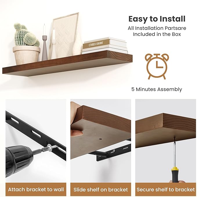 Fun Memories Wood Floating Shelves Set of 2, Rustic Pine Wood Floating Shelves for Wall Mounting, Wide Wall Shelf for Home Decor and Storage, 24" W x 7" D, Walnut