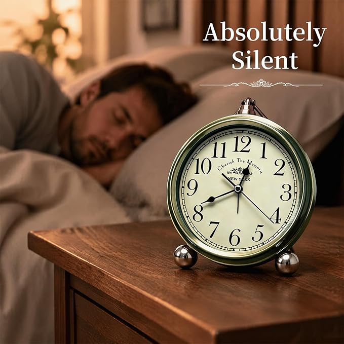 Metal Analog Alarm Clock - 5'' Battery Operated Silent Non-Ticking Quartz Antique Retro Small Desk Clocks for Bedside Bedrooms Living Room Office Home Decor (Bronze)