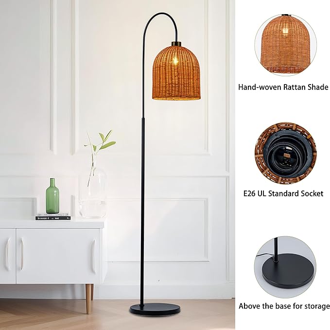 MAYNA 66" Arc Rattan Floor Lamp, Black Boho Standing Lamp with Hand-Woven Wicker Shade, Tall Curved Overarching Reading Light with Foot Switch for Living Room, Bedroom, Coastal Rustic Decor