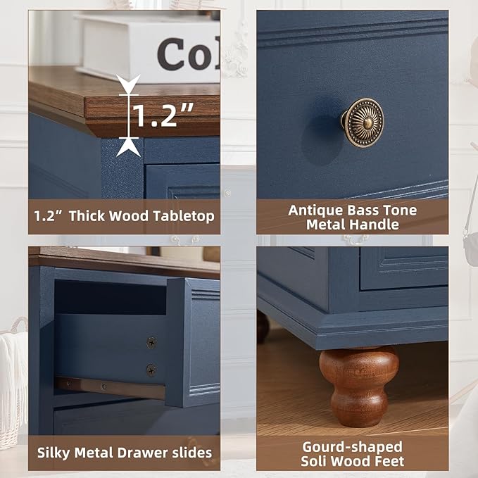 Farmhouse 6 Drawer Dresser for Bedroom, 42" Tall Rustic Chests of Drawers w/ 4 Solid Wood Feet, Mid Century Modern Wooden Closet Storage Dressers Organizer for Living Room, Hallway,Blue