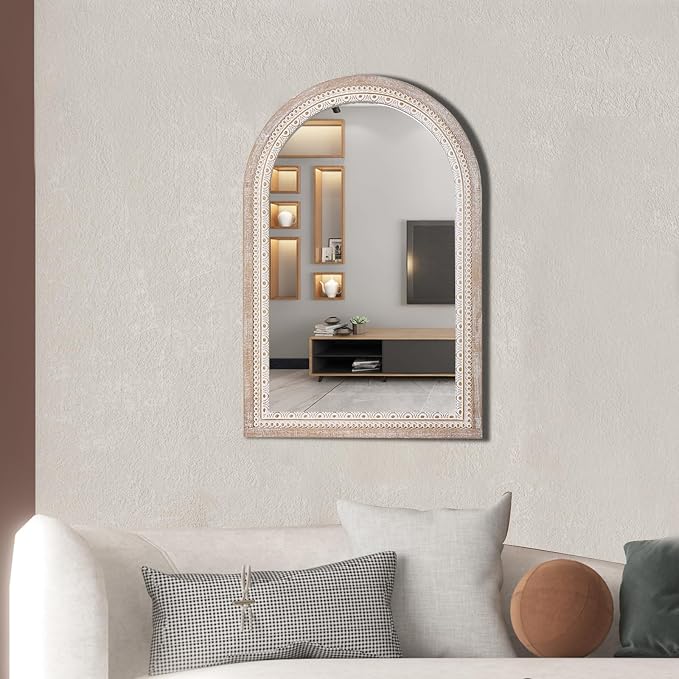 Reflinto 36x24 Inch Arched Farmhouse Mirror, Rustic Distressed Wood Wall Mirror for Bathroom Over Sink, Entryway, Living Room, Foyer Decor