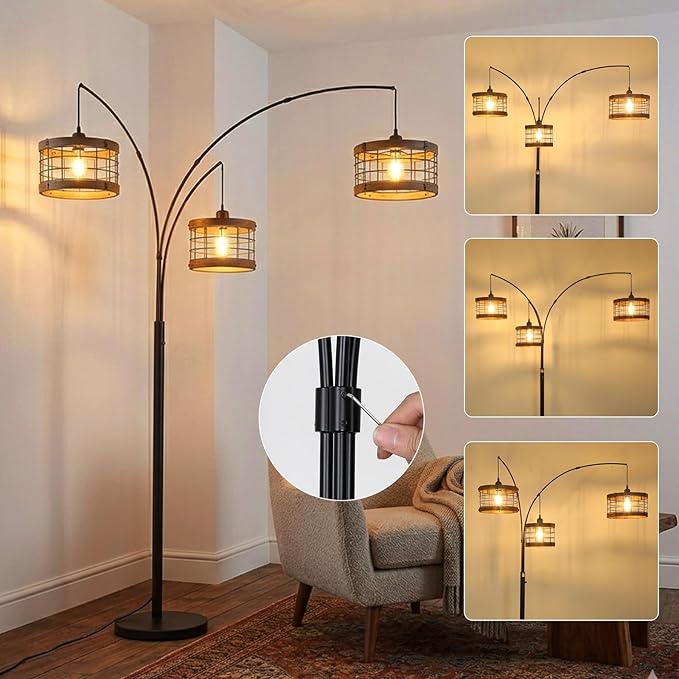 3-Lights Vintage Wood Floor Lamps for Living Room, Black Arc Floor Lamp for Bedroom, Industrial Standing Lamp for Office, Dimmable Tall Lamp, Arched Corner Floor Lamp, Over Couch Reading Lamp