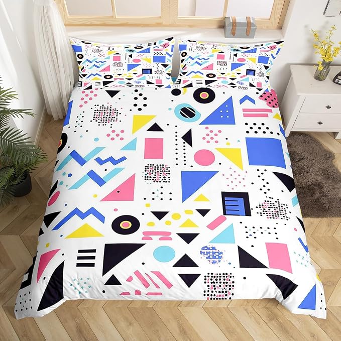 Retro 80s Style Bedding Set Twin,Abstract Geometric Pattern Duvet Cover Urban Modern Design with Circles and Triangle Comforter Cover Colorful Pop Art Inspired Pattern Quilt Cover for Boys Child