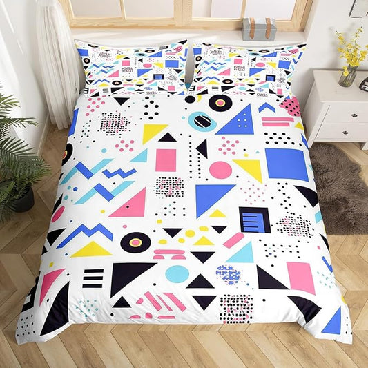 80s 90S Fashion Style Bedding Set Queen Size,Retro Memphis Style Pattern with Geometrical Shapes Duvet Cover for Kids Child,Funky Hipster Old Fashioned Comforter Cover Geometric Bedroom Decor